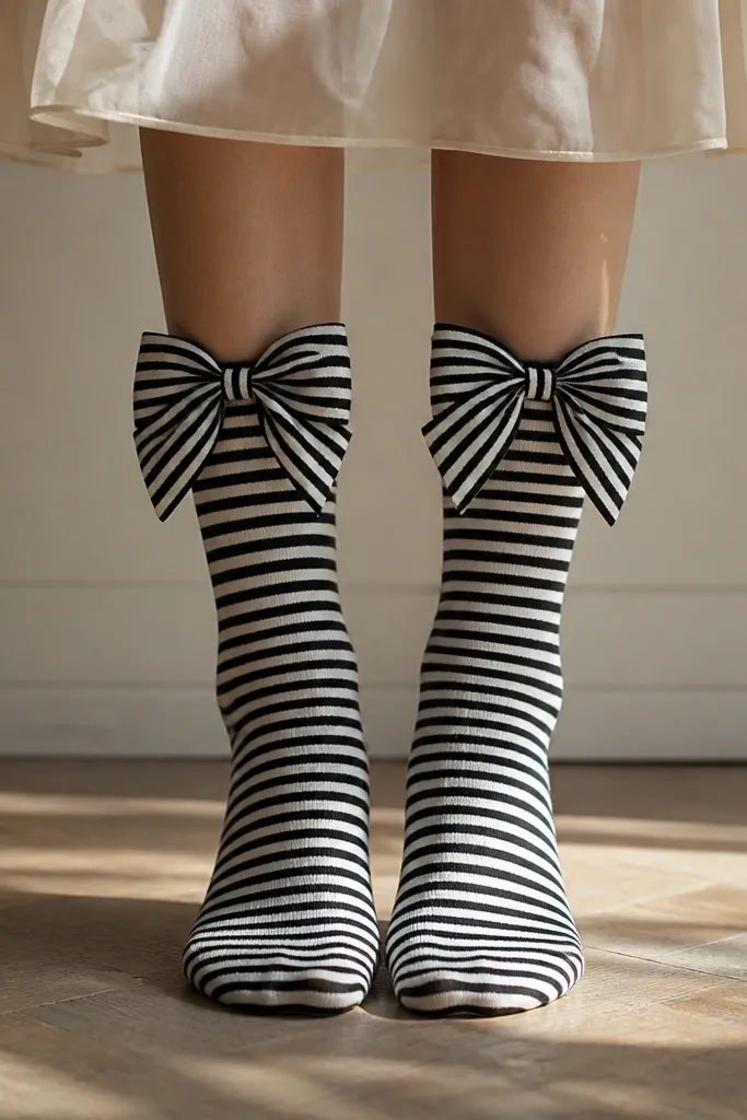 Two legs wearing black-and-white striped socks with large fabric bows wrapped at the calf. The bows are made from the same striped fabric and sit symmetrically above the ankle.