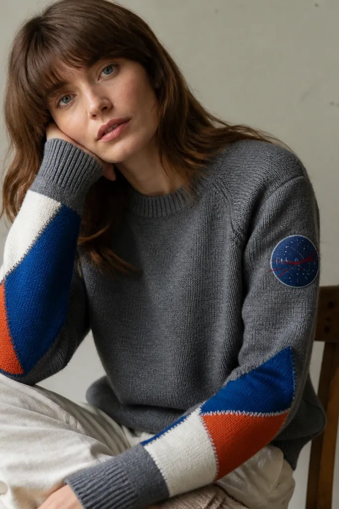 A gray knit sweater with bright color-block elbow patches. The patches are stitched in triangles and rectangles in cobalt blue, orange, and white, and there is a small stitched NASA-style circle on one sleeve.
