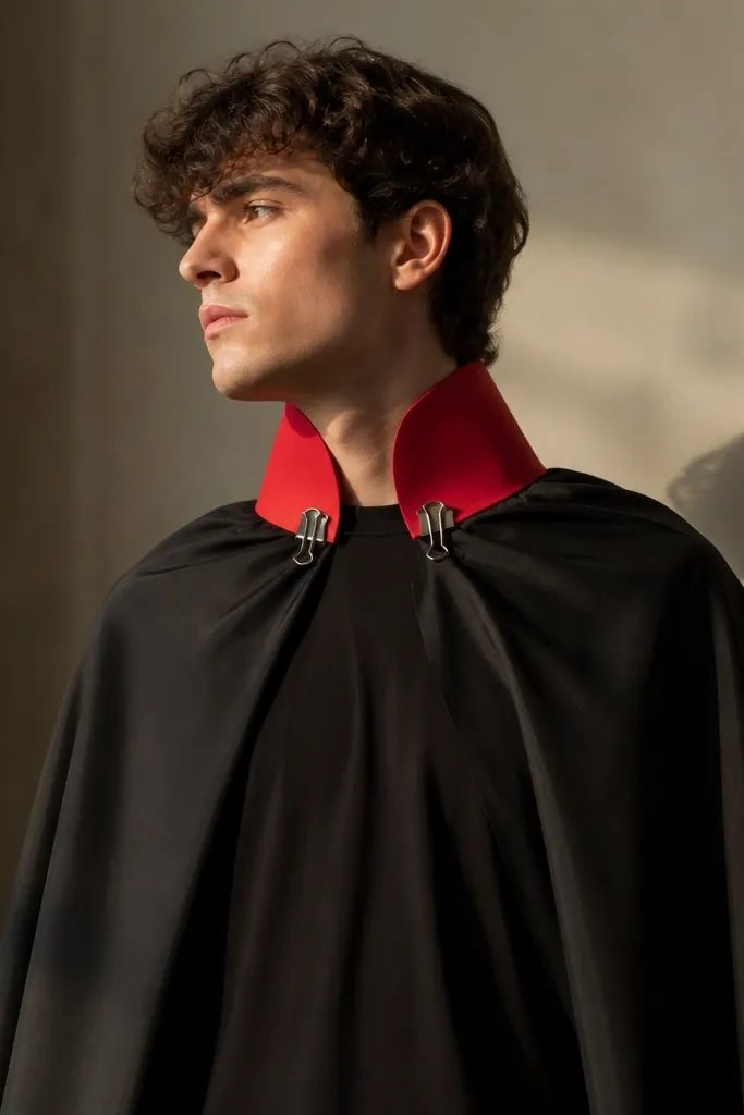 A black bed sheet cape draped over a black long-sleeve shirt, with a stiff red felt collar attached using two binder clips. The collar has a slight V shape and looks crisp under warm light.