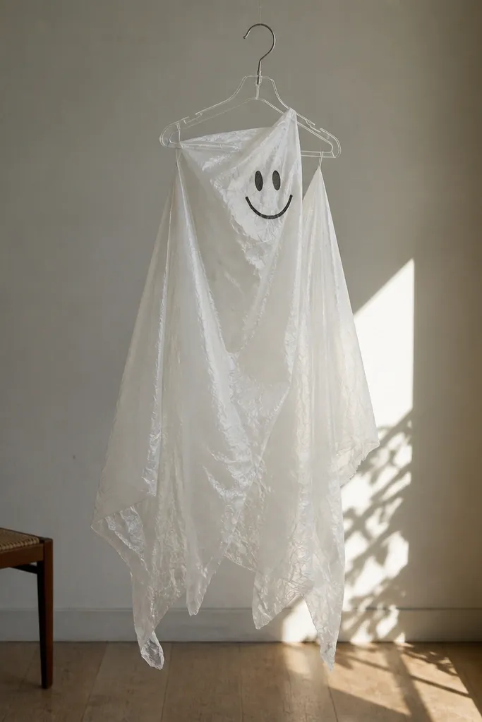 A white trash bag ghost body with a soft, semi-translucent look, attached to a clear plastic hanger frame at the shoulders. The face is a black marker smile on a folded corner.