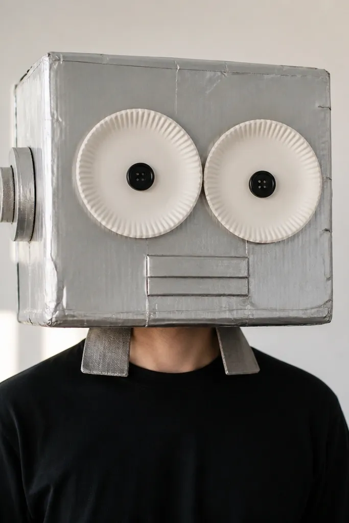 A square robot head made from flattened cereal boxes painted silver, with two paper-plate circles for eyes and small black buttons. The neck has fabric tabs attaching to a black shirt.