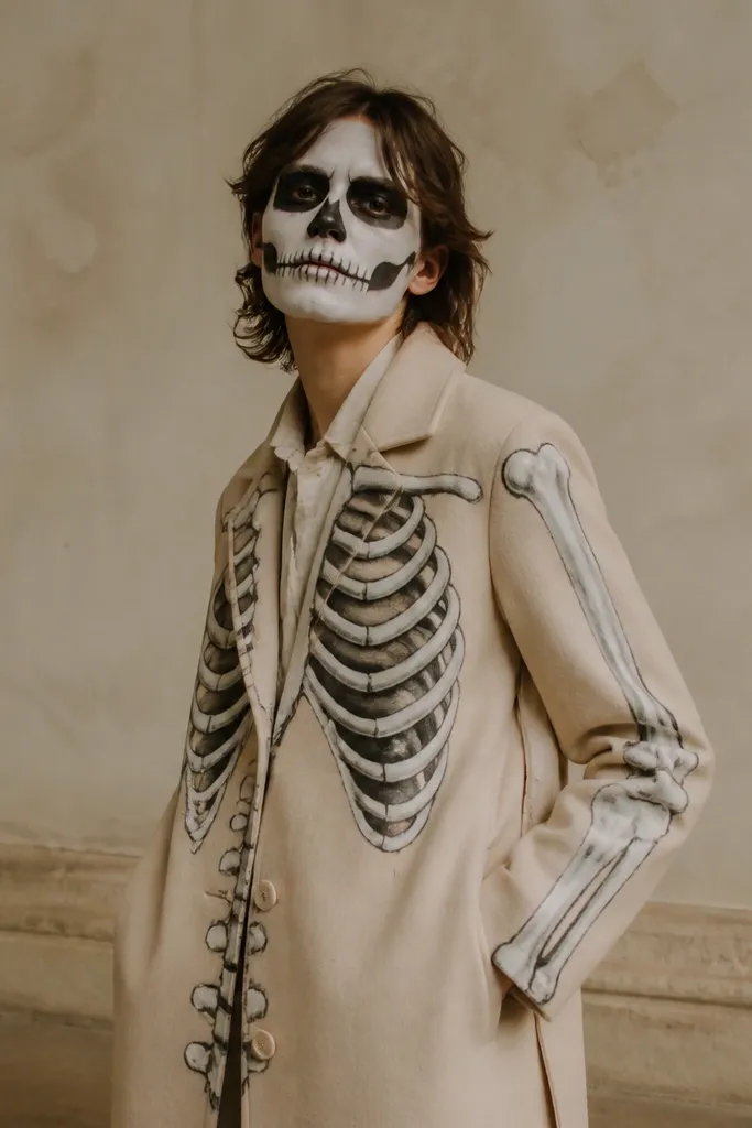 A light-colored thrift coat painted with white bone lines down the arms and torso, with black shading around the ribs. A simple skull face makeup completes the skeleton look.