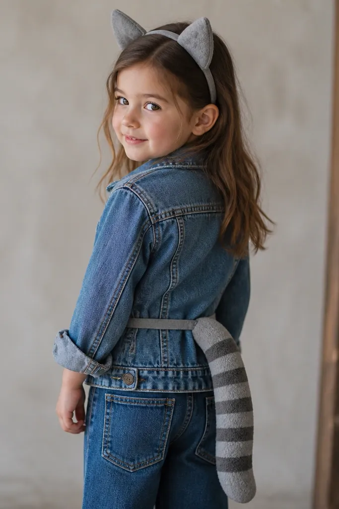 A denim jacket with two felt triangle ears clipped at the headband, plus a felt tail attached to a belt. The tail is gray with darker stripes.