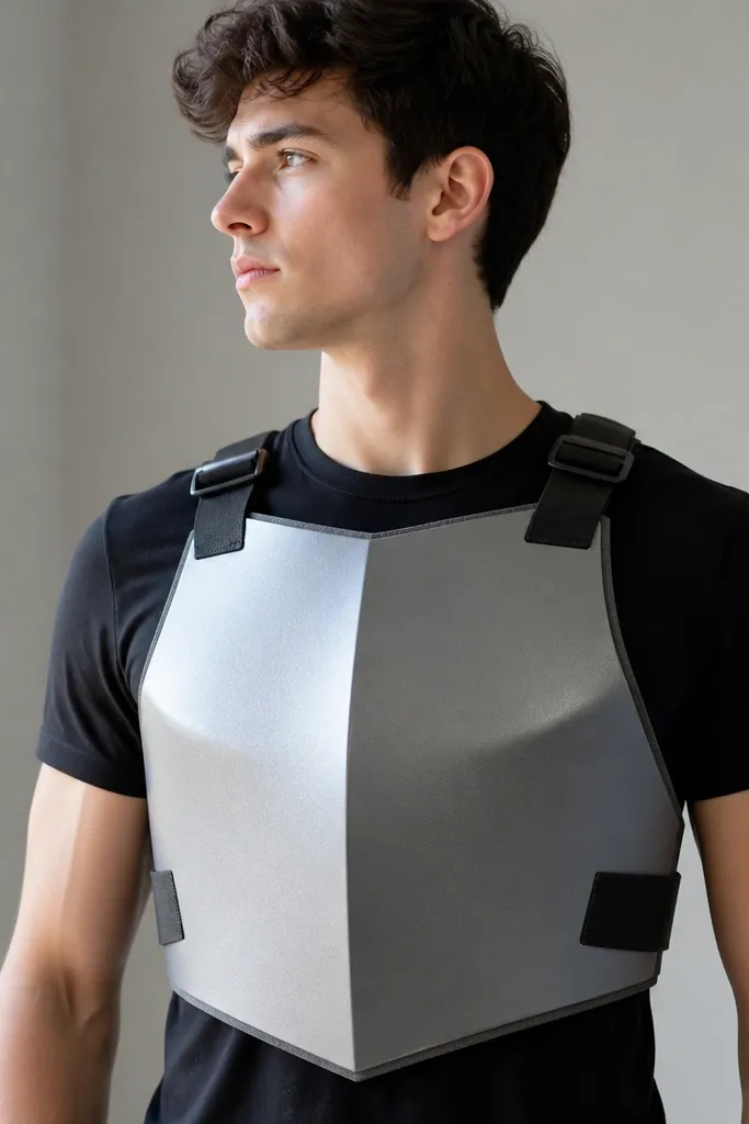 A silver-gray cardboard chest plate with foam edges, worn over a black shirt. The plate has elastic straps at the shoulders and sides.