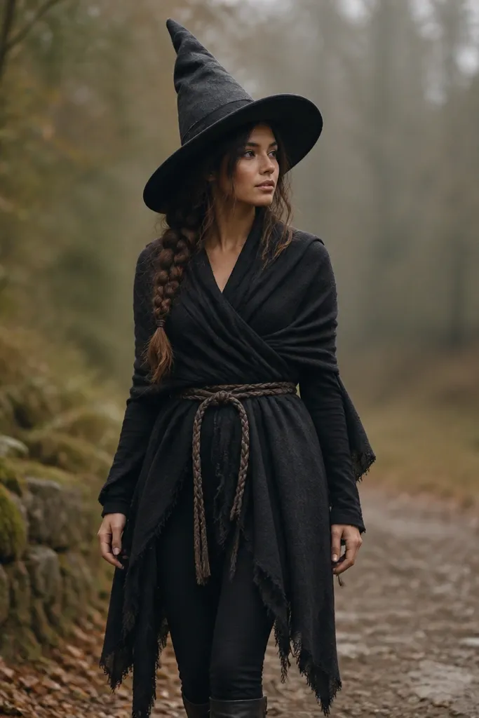 A dark scarf wrapped as a witch dress over leggings, with a braided rope belt at the waist and a pointed hat made from felt.