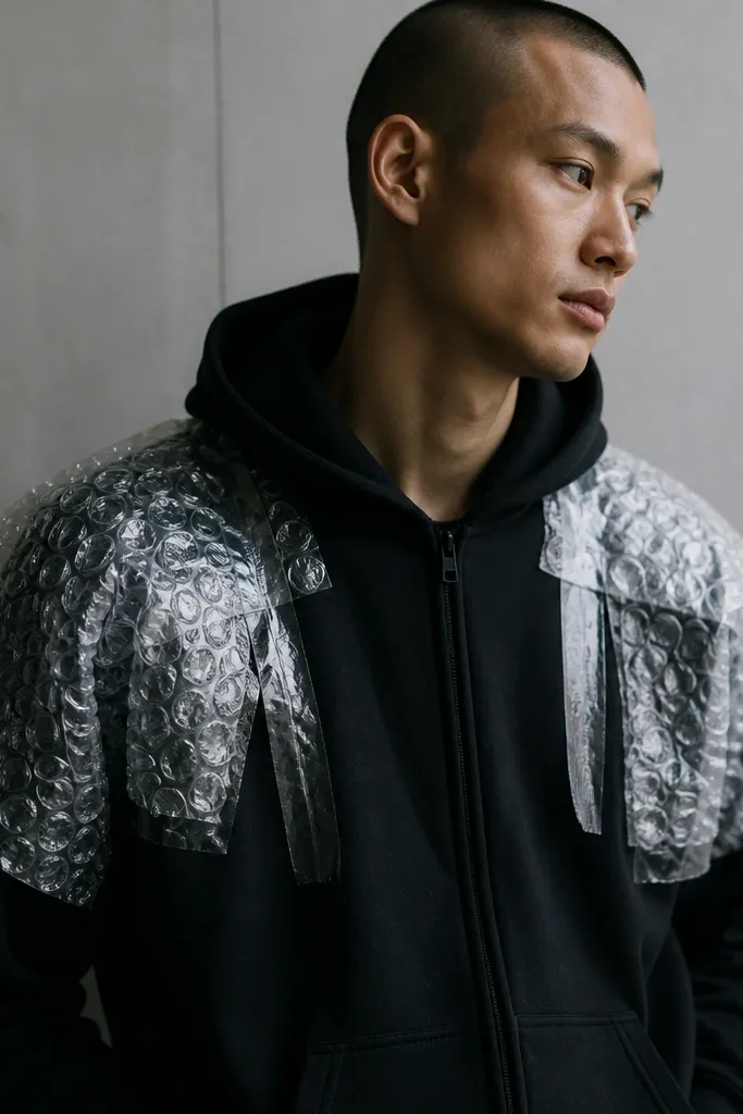 A black hoodie covered with bubble wrap on the shoulders, held down with strips of clear tape. The bubbles catch light like armor studs.