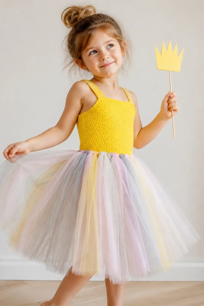 A tulle skirt made from strips tied to an elastic waistband, with a bright yellow bodice top and a mini paper sign prop.