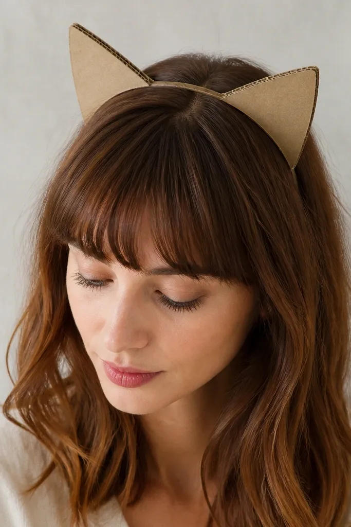 Two cardboard cat ears painted black and pink inside, attached to a black elastic hairband. The ears have a slight curve and clean edges.