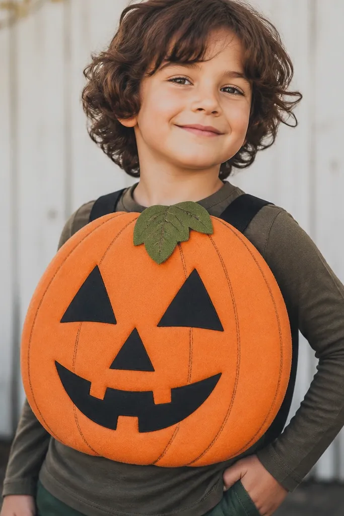 A foam pumpkin chest piece worn over a long-sleeve shirt, with carved triangle lines painted on the foam. The pumpkin has elastic straps and a fake leaf on top.