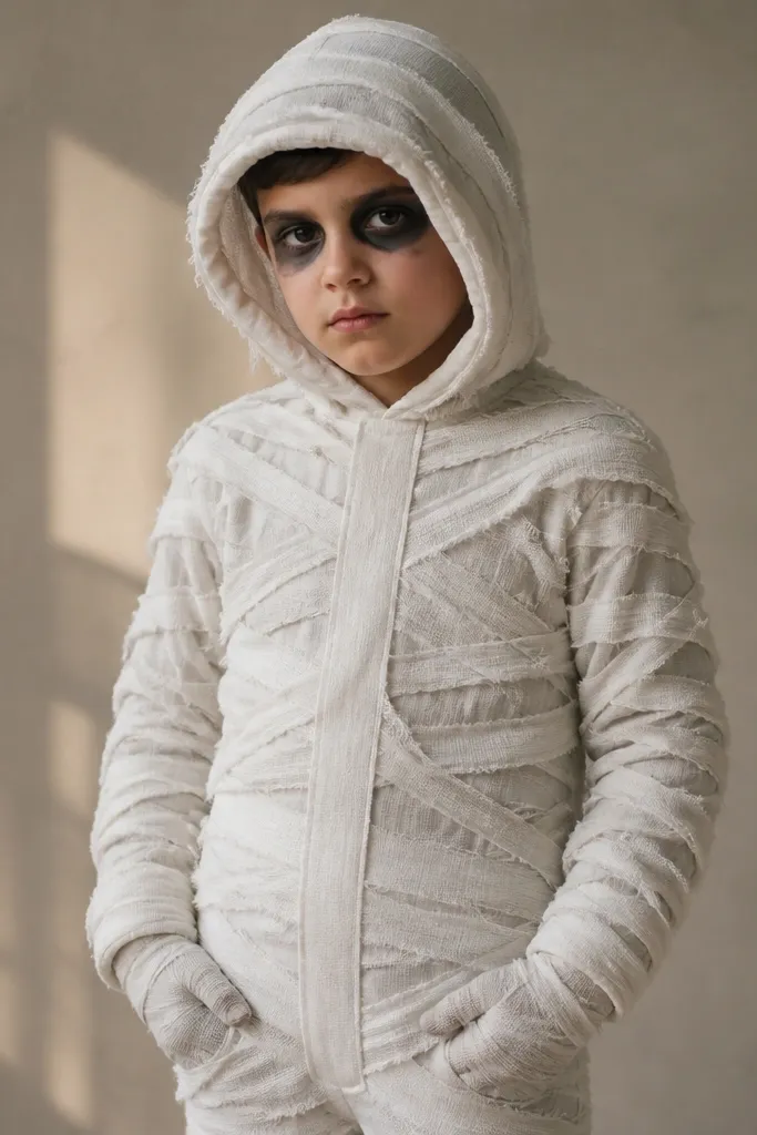 A mummy costume made from white gauze strips wrapped over a hoodie, with a Velcro closure at the front. The face is visible with dark eye makeup.