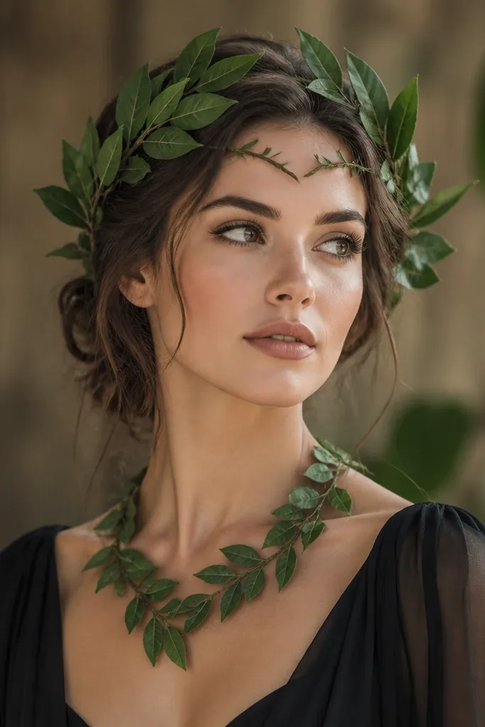 A green leaf crown made from faux leaves tied to a wire headband, with a vine-like tieback across the forehead. A matching leaf necklace sits on a dark dress.