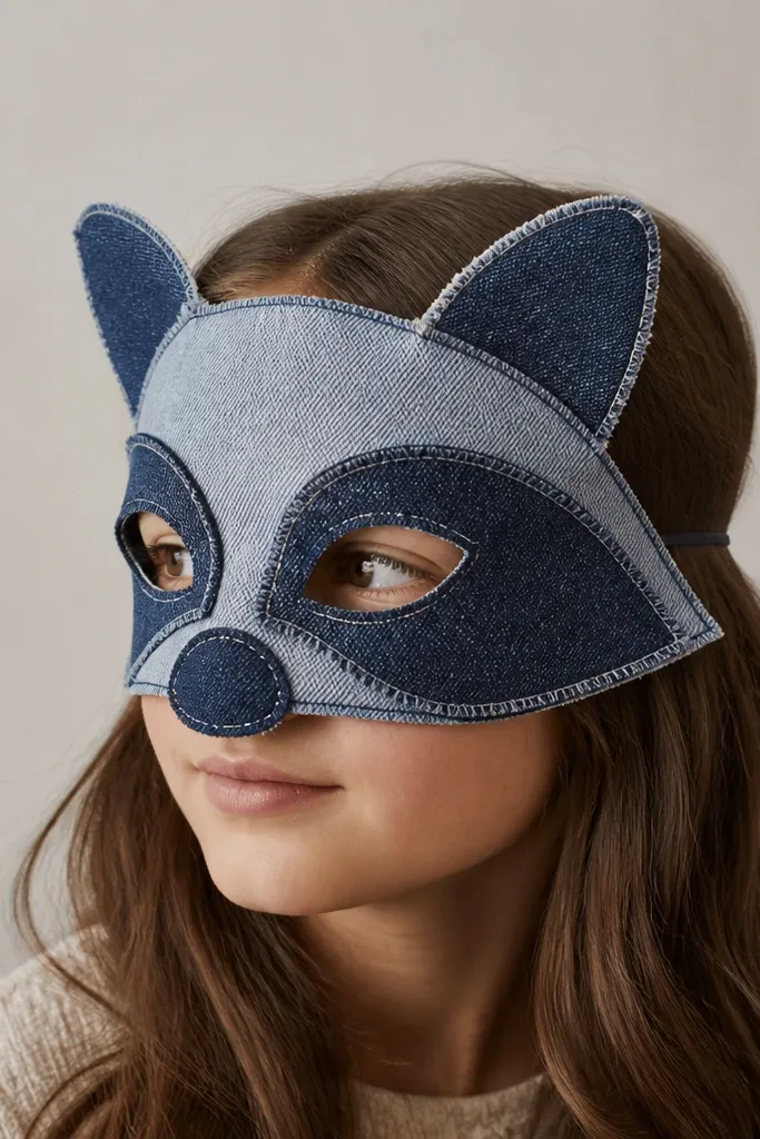 A raccoon face mask made from denim with black patches around the eyes, a gray nose patch, and two small stitched ear shapes.