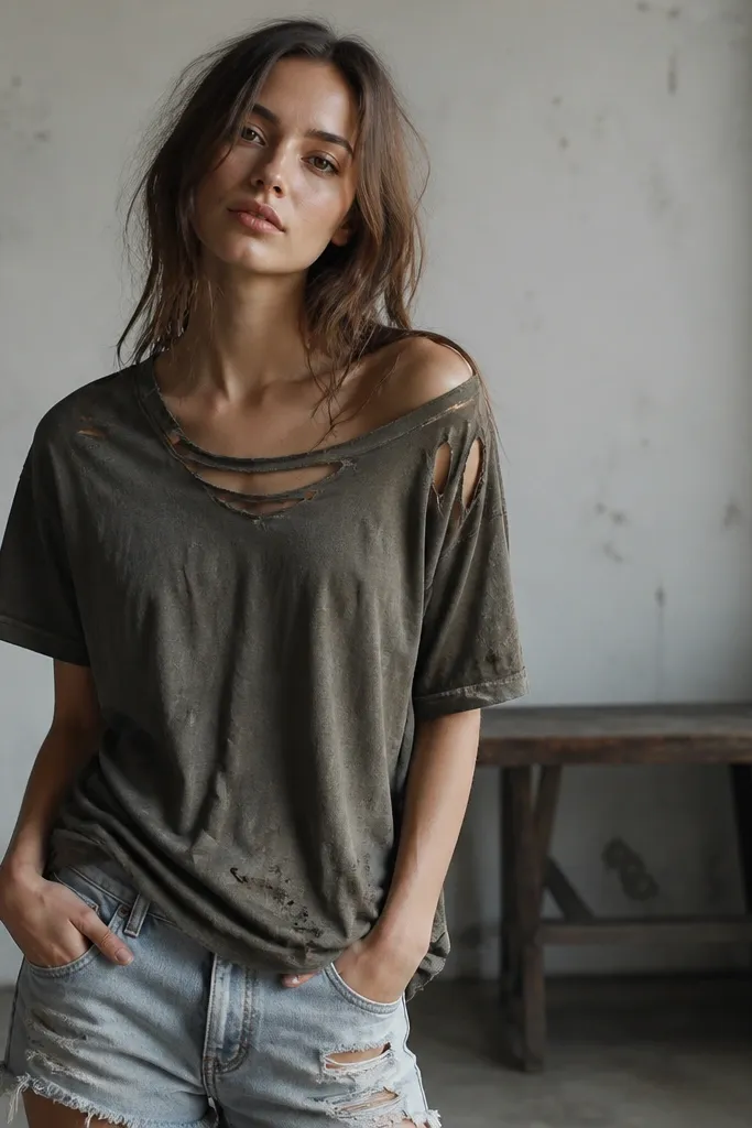 A worn black T-shirt turned zombie with a jagged collar, ripped strips along the sleeves, and pale green fabric paint stains.