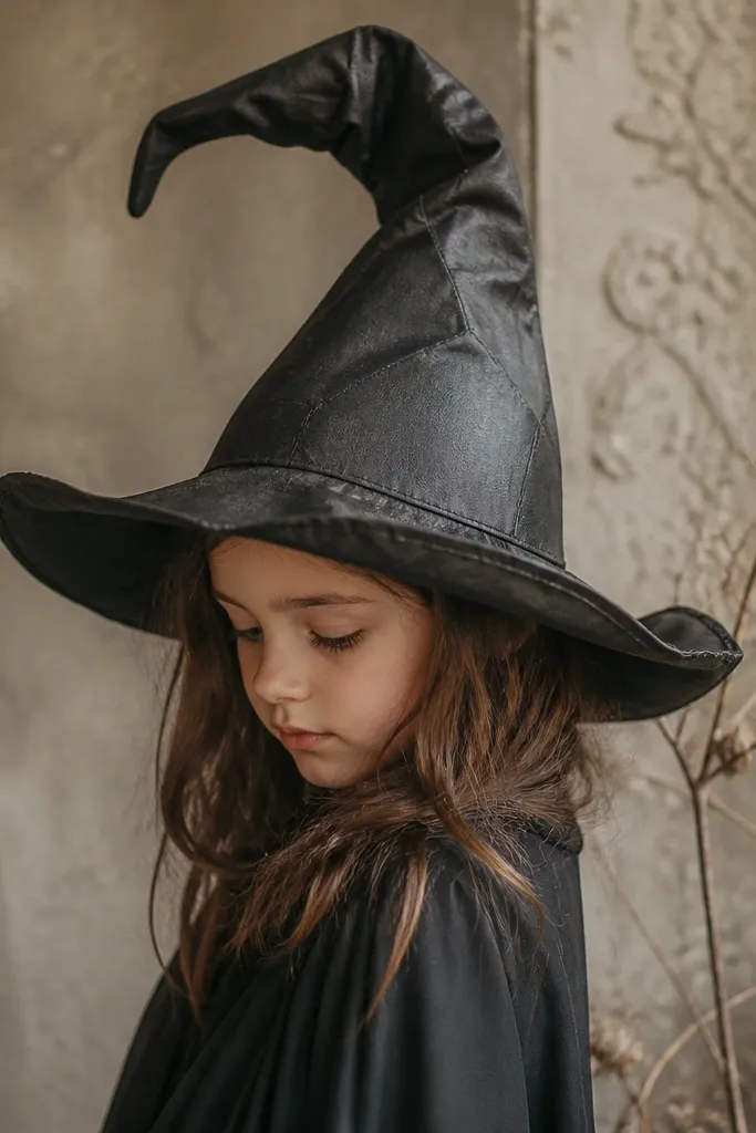 A witch hat made from an old umbrella canopy, dark fabric folded into a cone with a wide brim. The brim edge has stitched folds and a simple ribbon band.