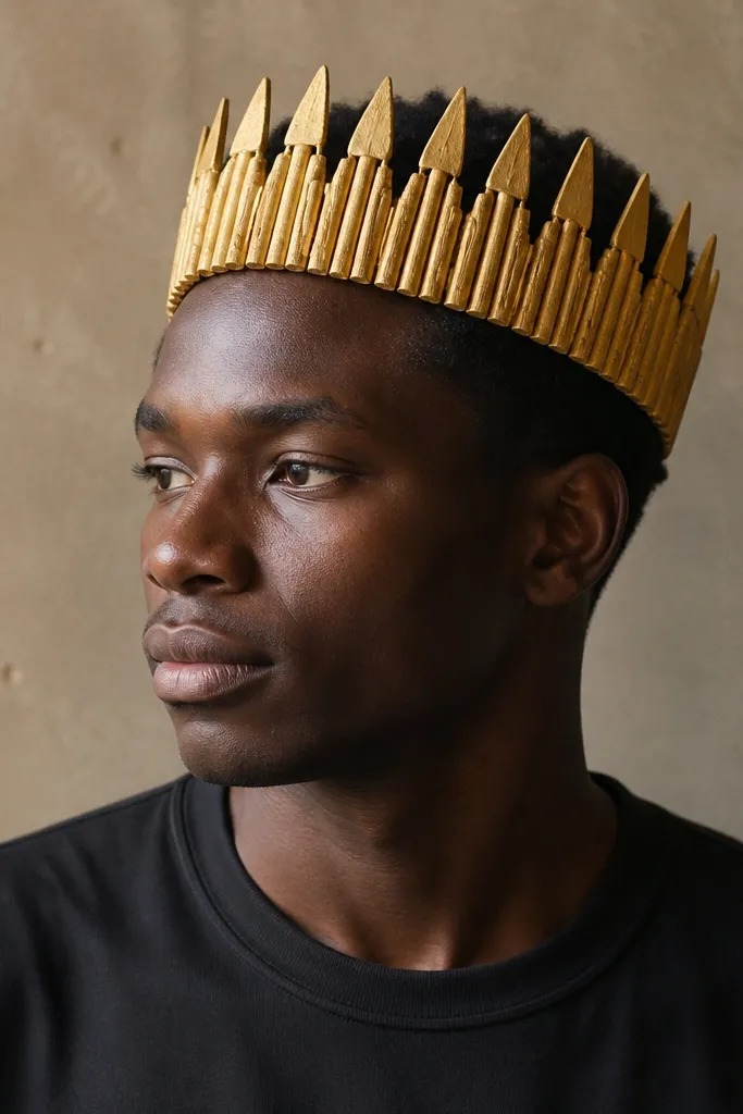 A crown made from rolled newspaper strips painted gold, with short foam spikes along the top edge. The crown sits on a head with a black shirt underneath.