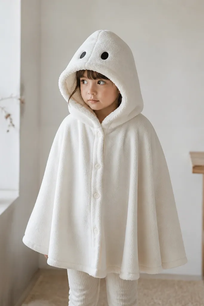 A soft white ghost costume made from a light cardigan layered over a sherpa-lined hood. The headpiece has a rounded hood shape, with two small black stitched eyes and a faint gray shadow at the folds. The outfit hangs loosely to mid-thigh and looks cuddly rather than spooky.