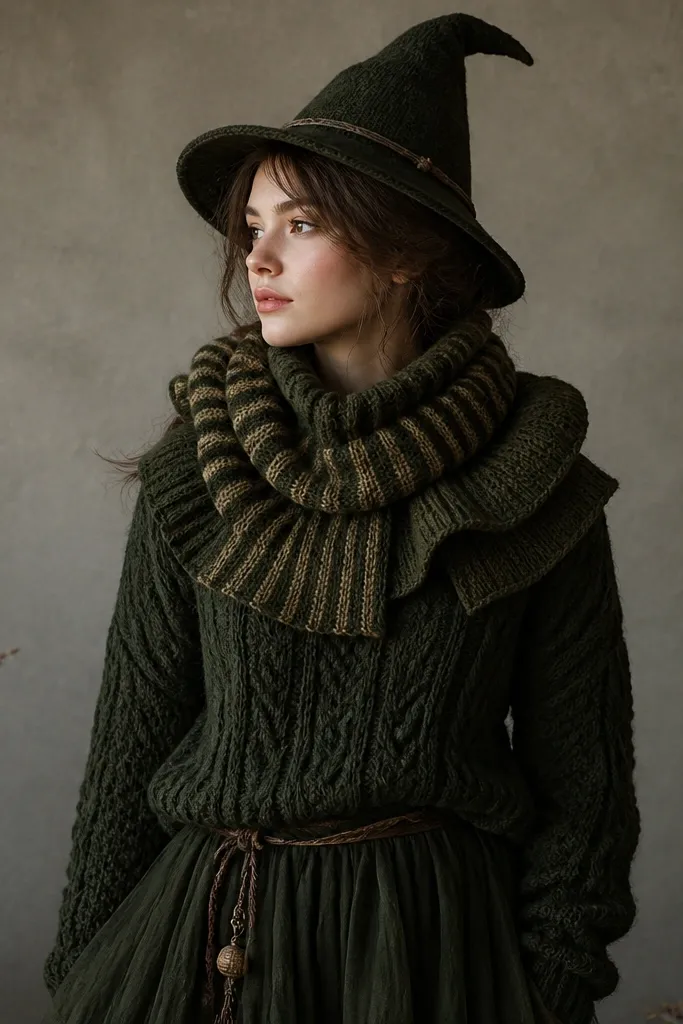 A witch costume built around a dark green cable-knit sweater with a wide, layered scarf collar. The scarf collar is made from two different lengths of knitted scarves, one striped and one solid, framing the neck like a ruffled ruff. A small pointed hat sits on top, and the overall look is cozy and earthy.
