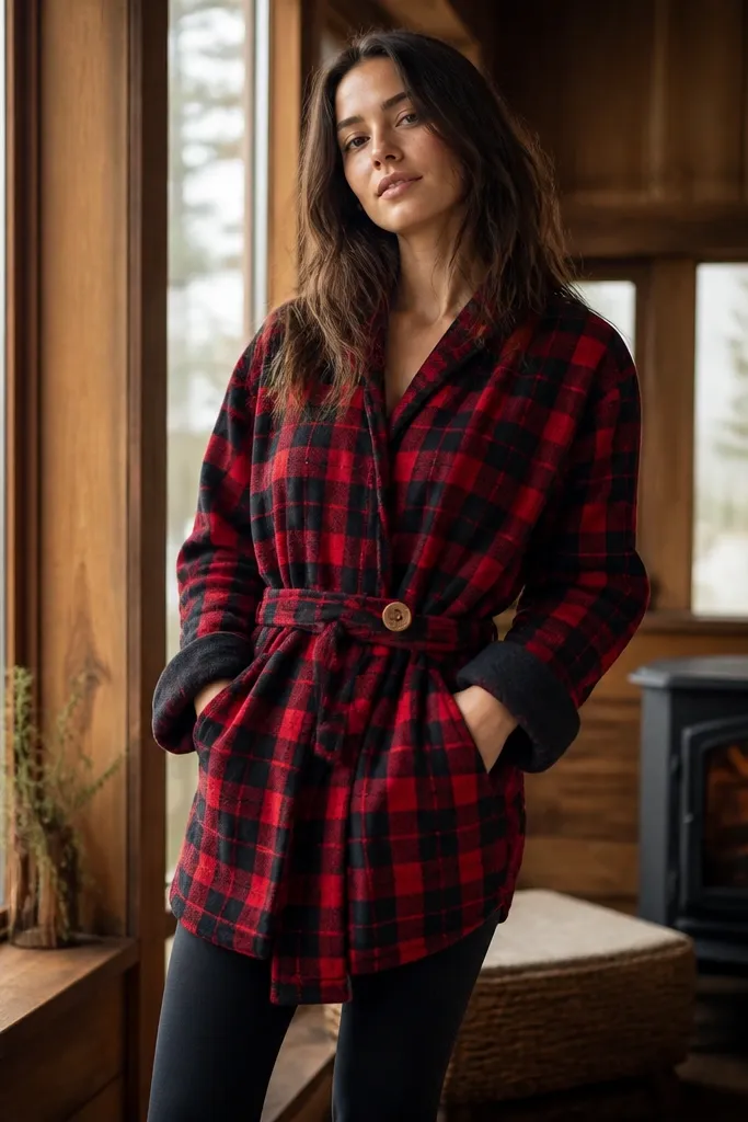 A short robe made from a red-and-black flannel shirt, worn over leggings. The robe has a belt made from the same flannel, with a wooden button closure at the waist. Sleeves look slightly oversized and cuffed, giving a cozy lumberjack silhouette.