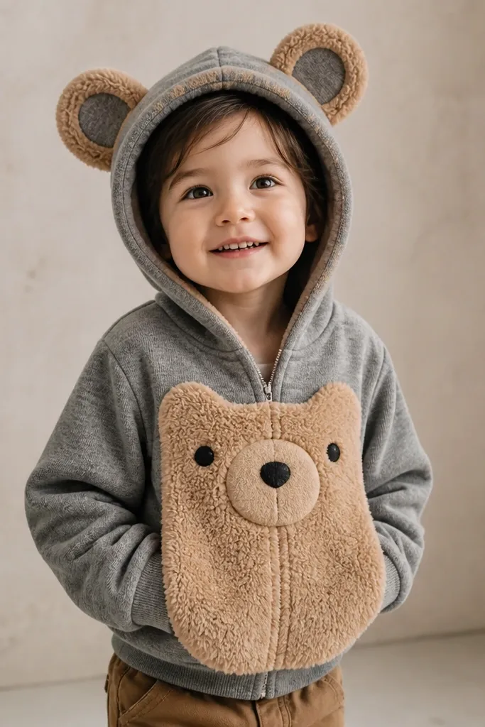 A gray hoodie transformed into a bear suit using tan faux fur patches. The hood has rounded ear shapes, with stitched inner ear fabric. The front has a soft faux-fur belly patch and small black stitched eyes on a felt nose.