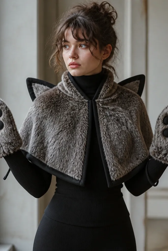A short cape made from faux fur trimmed with black fabric. The cape has pointed shoulders like cat ears and is worn over a black turtleneck. The hands have matching mitten cuffs attached with elastic, creating a cat-paw look.