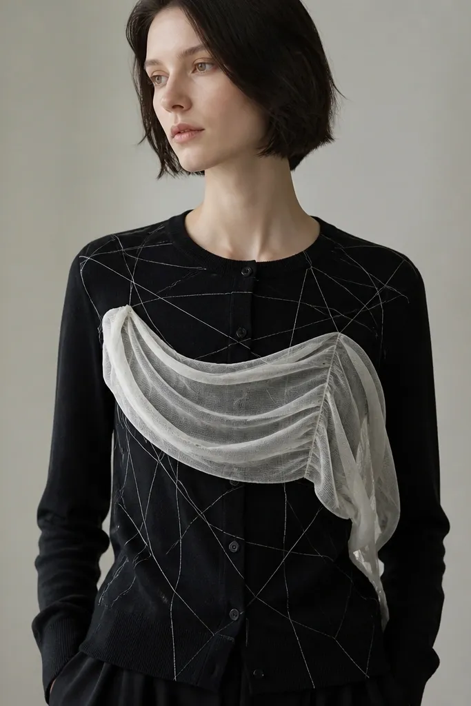 A black cardigan layered with a sheer white gauze panel draped across the chest. Thin white thread lines form a web pattern between the shoulders and down the torso. The gauze looks airy but warm because it sits on top of the cardigan.
