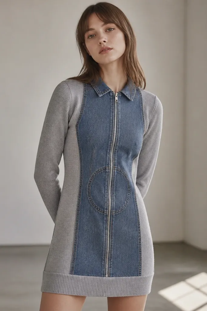 A sweater dress in heather gray with a denim panel "space suit" front. The denim has stitched seams and a round patch at the belly, plus a small collar made from denim. A simple silver zipper runs down the center for a clean sci-fi look.