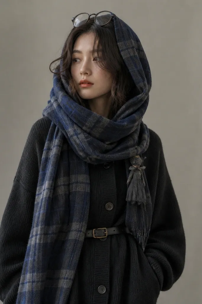 A long oversized scarf wrapped into a hood over a dark cardigan. The scarf has a subtle plaid pattern in navy and gray, with a faux leather belt at the waist. A pair of round glasses sits on top of the scarf frame, and a small fabric charm hangs near the chest.