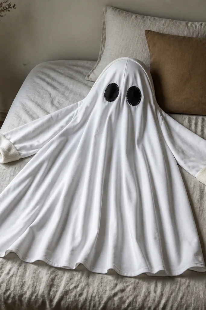 A store-bought white ghost costume laid over a bed. The stiff fabric has been altered with a soft fleece lining at the neck and cuffs. The eyes are replaced with stitched fabric appliques, and the hem has been reworked to fall evenly.