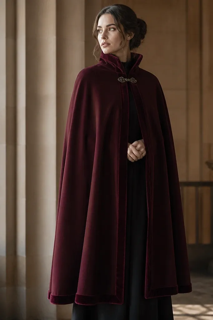 A deep burgundy blanket cape with a high collar. The cape has a velvet-like trim along the edges and a clasp at the throat. The hem falls to mid-calf and looks heavy and warm.
