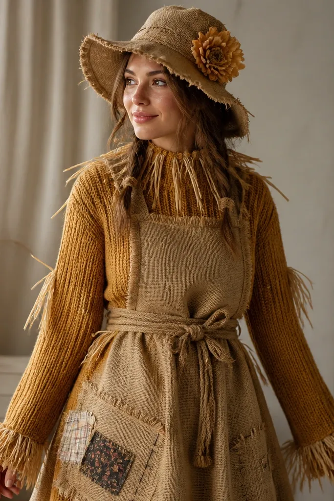 A scarecrow costume made from burlap fabric layered over a mustard knit sweater. The head has a burlap hat with stitched stitching lines and a small fabric flower. The front has a burlap apron tied at the waist, and the overall look is warm and handmade.