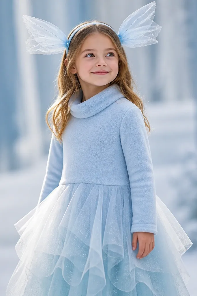 A fleece tunic in pale blue with a layered tulle skirt that starts at the hips. The shoulders have small organza "wings" pinned to a headband. The color palette is icy blue and white, and everything looks soft and warm.