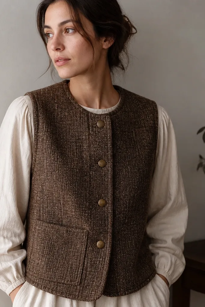 A brown tweed-like vest made from an upcycled curtain. The vest has a round collar, brass-colored buttons, and a deep front pocket. The fabric has a subtle woven texture and looks warm and heavy.