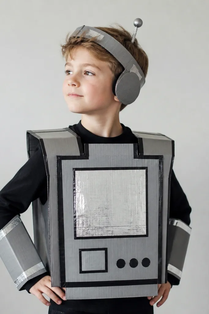 A DIY robot costume made from painted cardboard with a silver chest plate, black duct-tape panel lines, and a small antenna on the headband. The outfit includes a long-sleeve black shirt underneath and silver tape highlights on the sleeves.