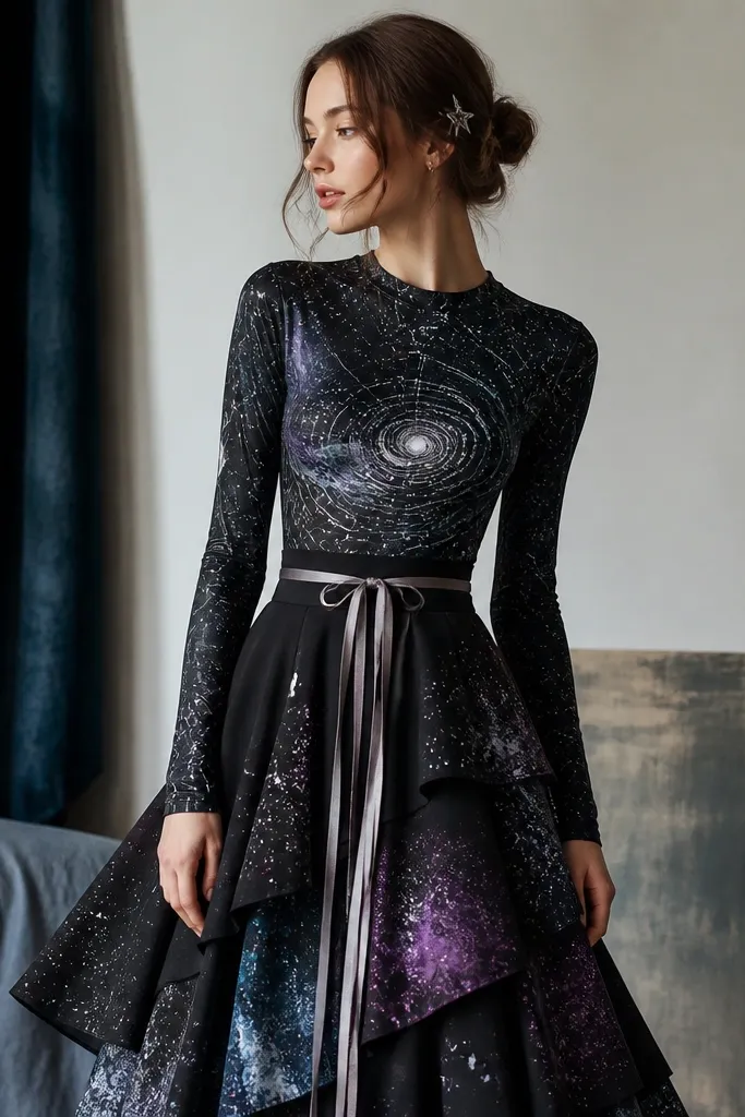 A fitted top with a hand-painted star map design and a high-waisted skirt made from layered black fabric panels with purple and blue galaxy splatter. The look has silver ribbon ties at the waist and a small star hair clip.