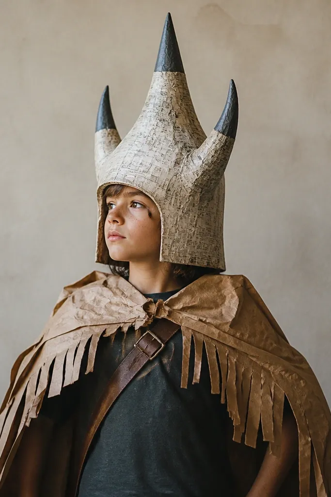 A tall paper mache style newspaper helmet with three horn tips painted dark gray, plus a draped cape made from brown paper with fringe edges and a leather-look strap across the chest.