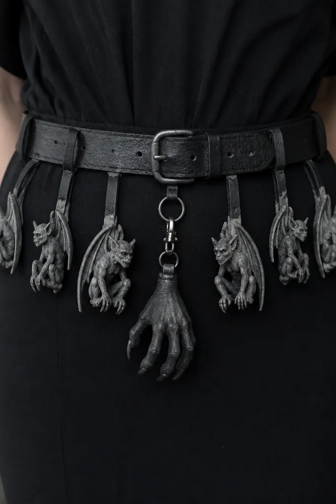 A black belt made from faux leather with dangling mini gargoyle shapes cut from foam, painted gray and weathered. The belt sits over a black outfit, with a matching claw-shaped keychain hanging at the center.