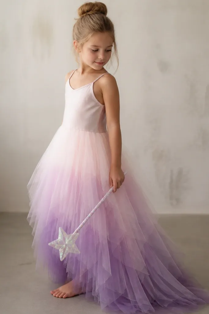 A simple slip dress with layers of tulle in pale pink to lavender ombre, paired with a wand made from a wooden dowel wrapped in iridescent ribbon and covered with translucent glitter paint.