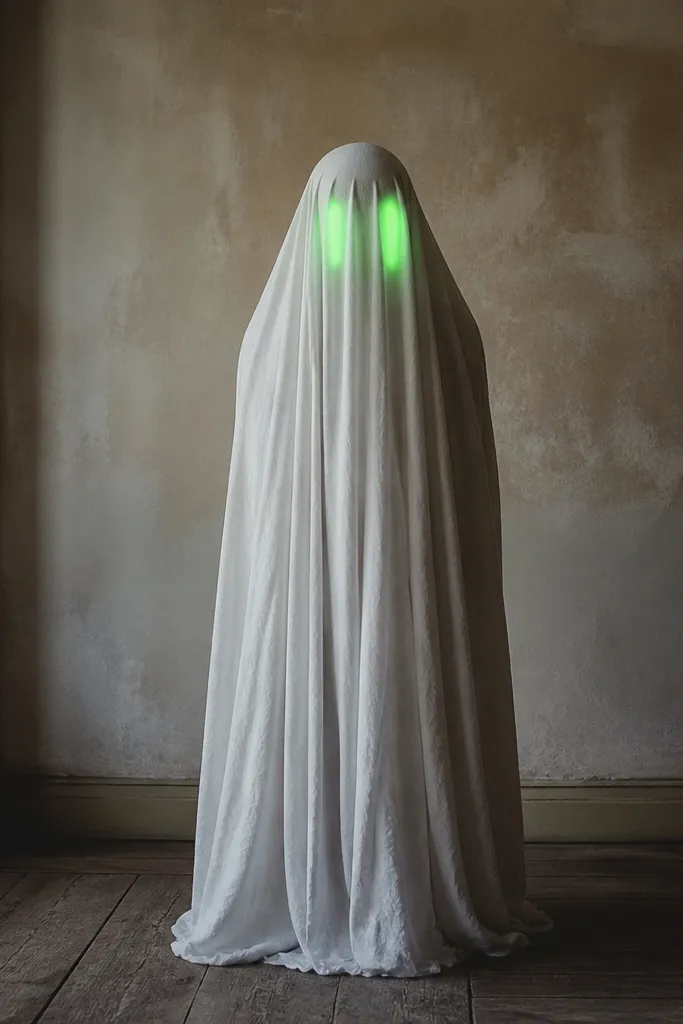 A white ghost costume draped from head to feet with two glowing eyes painted in neon green. The fabric is slightly gathered at the shoulders and the ghost face has a soft, smeared look.