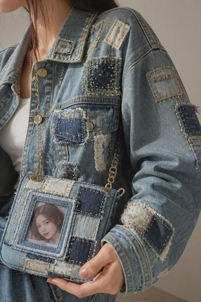 A denim jacket covered with stitched fabric patches and a small purse made from layered denim squares, with a visible photo-card window framed by clear vinyl. The outfit has gold thread accents and a chain strap.