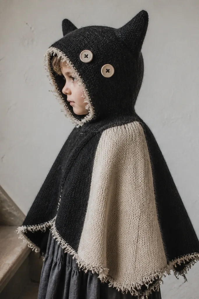 A cape cut from an old knit sweater with two pointy cat ears on the hood and sewn-on round button eyes. The cape is black and cream with visible yarn texture and little frayed edges.