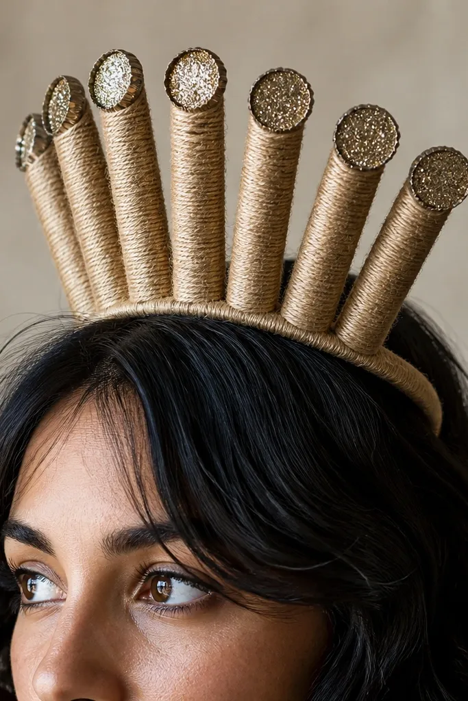 A crown made from short PVC pipe pieces wrapped in tan twine, with small glittery bottle-cap points along the top. The crown sits over dark hair and catches light.