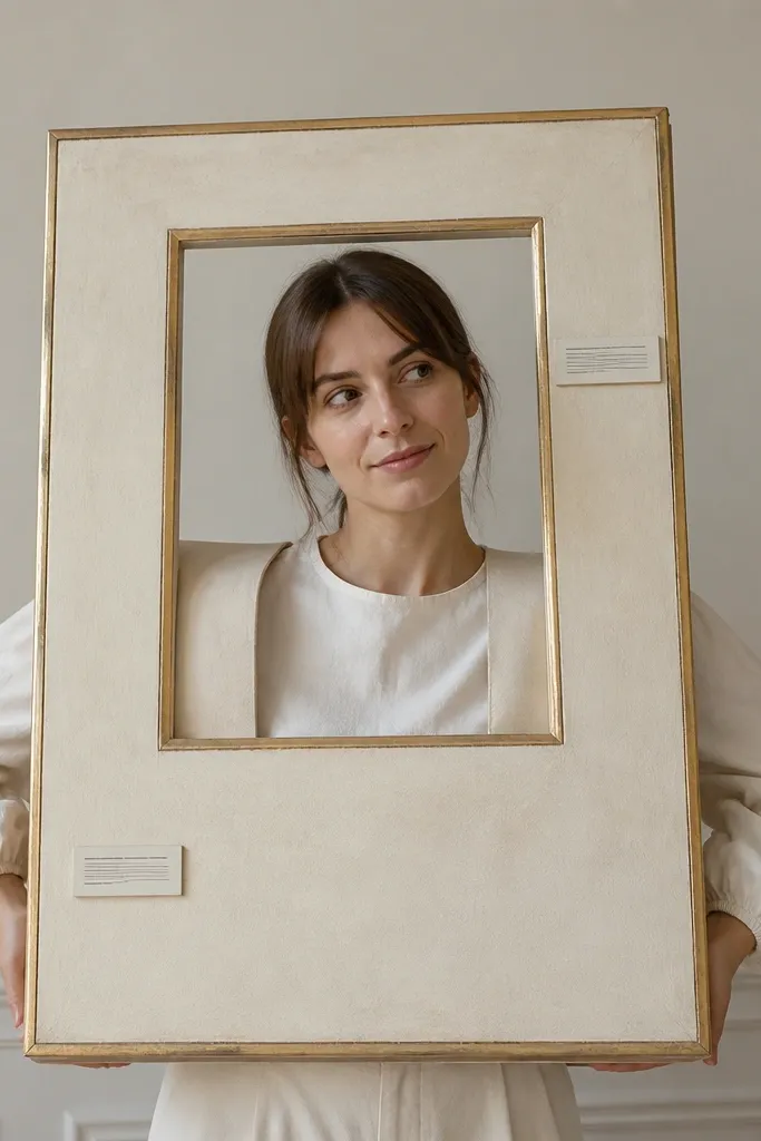 A large cardboard picture frame worn like a vest, with a cutout center showing the wearer's face. The frame is painted cream with gold edges and has tiny "museum label" text strips.