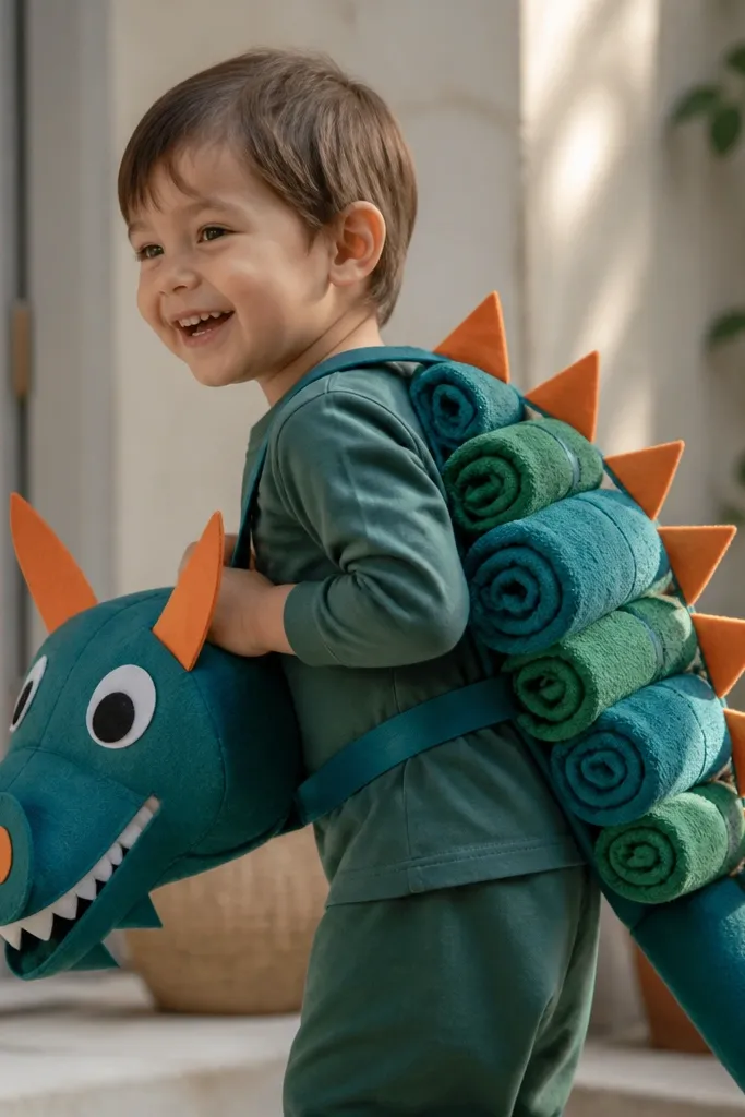 A dragon costume made from rolled-up towels strapped to the torso, with foam spikes along the back and a felt snout at the front. The colors are teal, green, and orange accents.