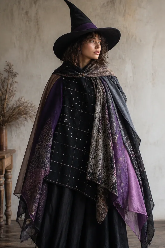 A witch costume built from layered scarves draped as a cape, with a black fabric panel stitched in a grid pattern and small white star dots. The outfit includes a simple pointed hat with a ribbon.