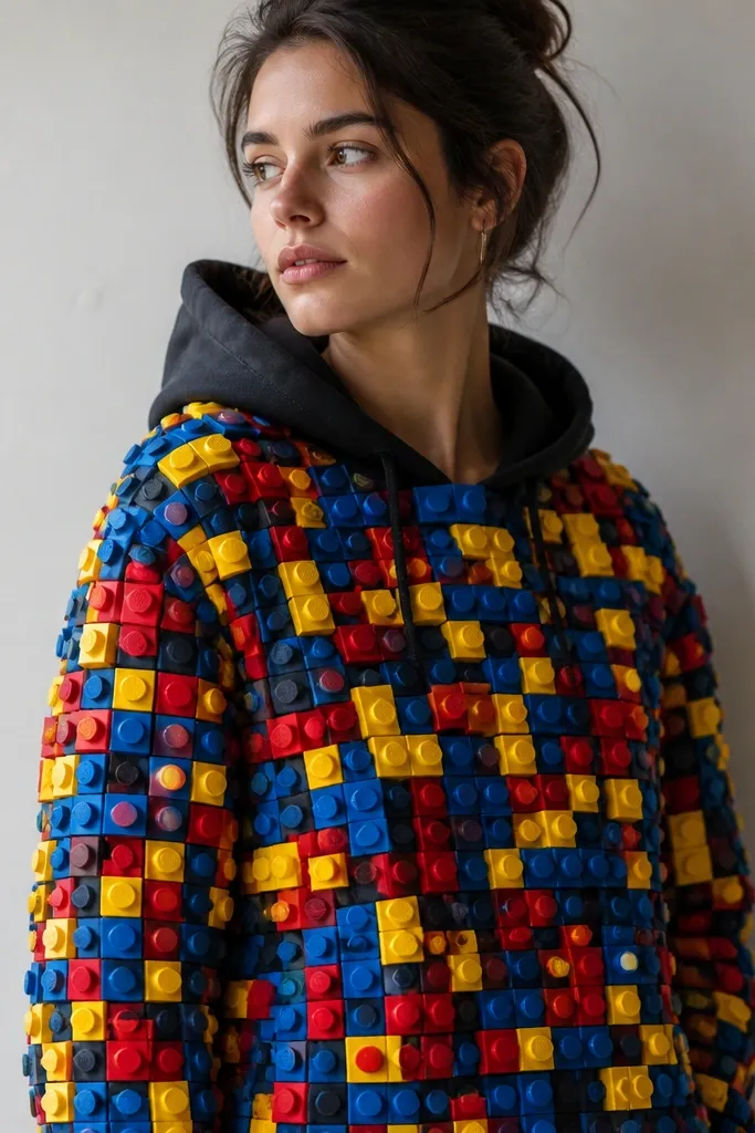 A hoodie covered with small square craft foam pieces painted in bright primary colors like red, yellow, and blue, with a few round studs on top. The hood stays visible and the foam is secured with hot glue.