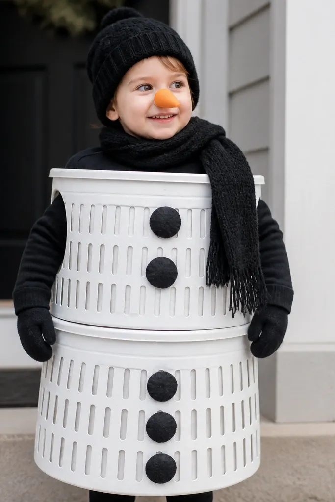 A snowman costume made from two large laundry baskets stacked and painted white, with a black scarf and fabric scrap button accents. There's a simple carrot-style nose made from orange foam.