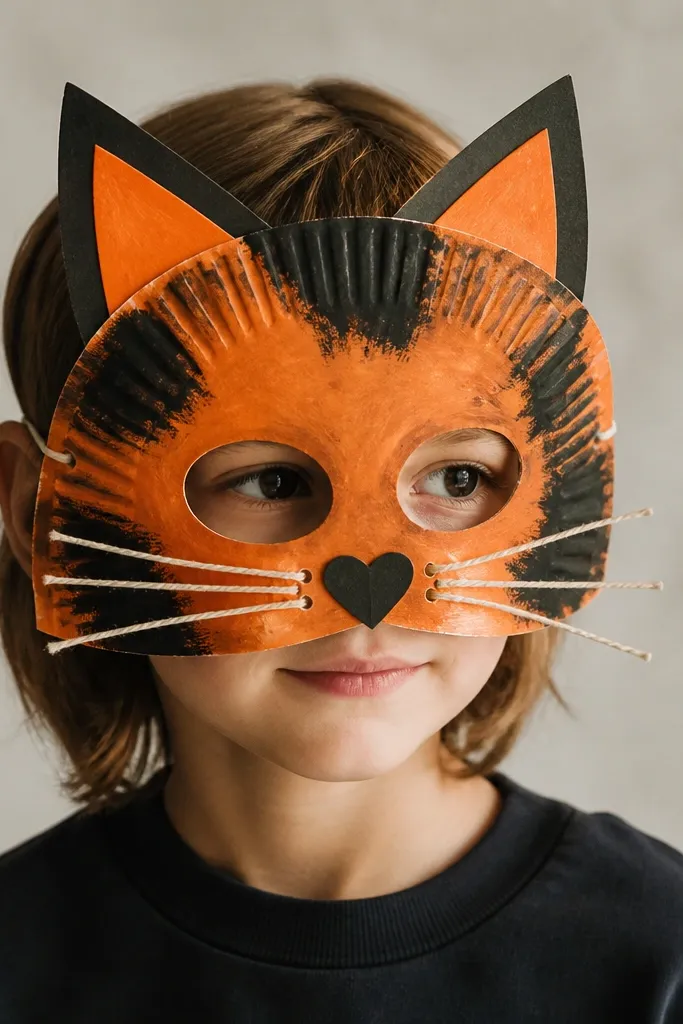 A cat mask made from a paper plate painted orange and black, with triangular ears and whiskers made from thin string. The mask is held by elastic and has a small nose detail.