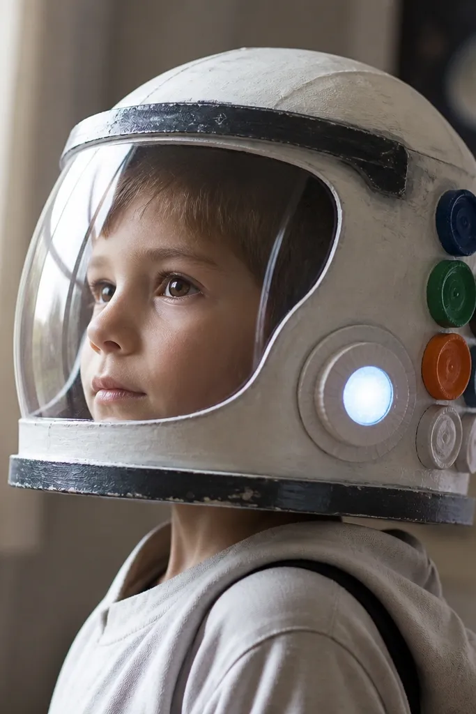 A DIY space helmet made from a painted plastic container with bottle caps glued in a pattern on the sides and a clear plastic visor over the face. The helmet has a small glowing circle detail.
