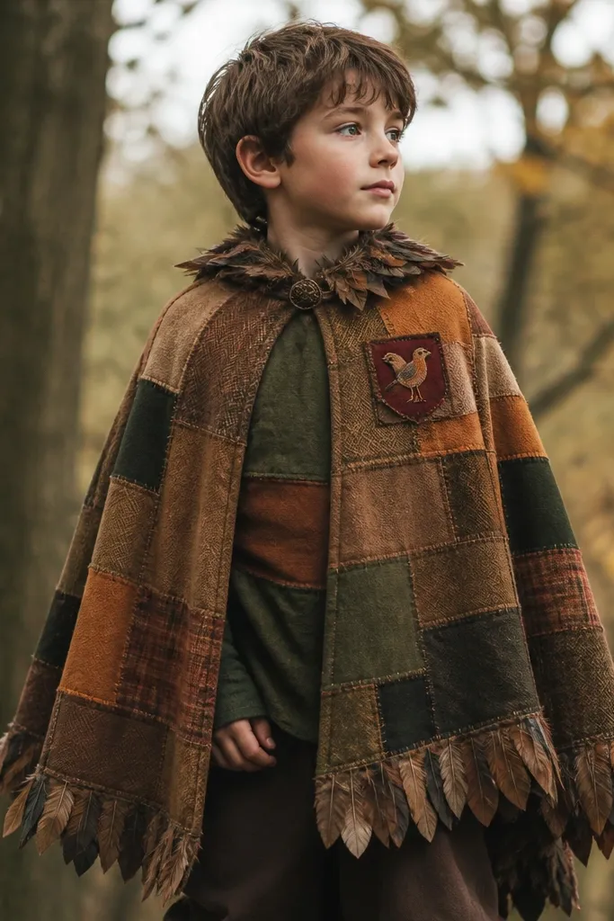 A patchwork cape made from stitched fabric rectangles in warm browns, oranges, and muted greens, with a small red "Robin" chest patch and feather-like trim along the edges.
