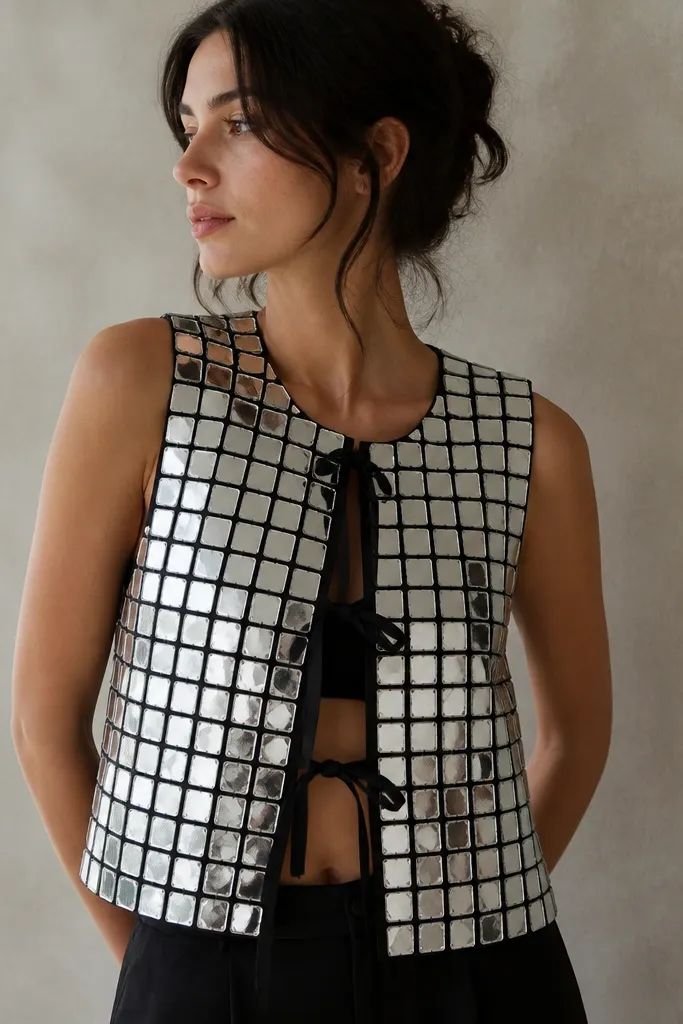 A sleeveless vest with a grid of small square mirror-like tiles made from foil-backed craft paper on a black cardboard base. The vest has armholes and a front opening with ribbon ties.